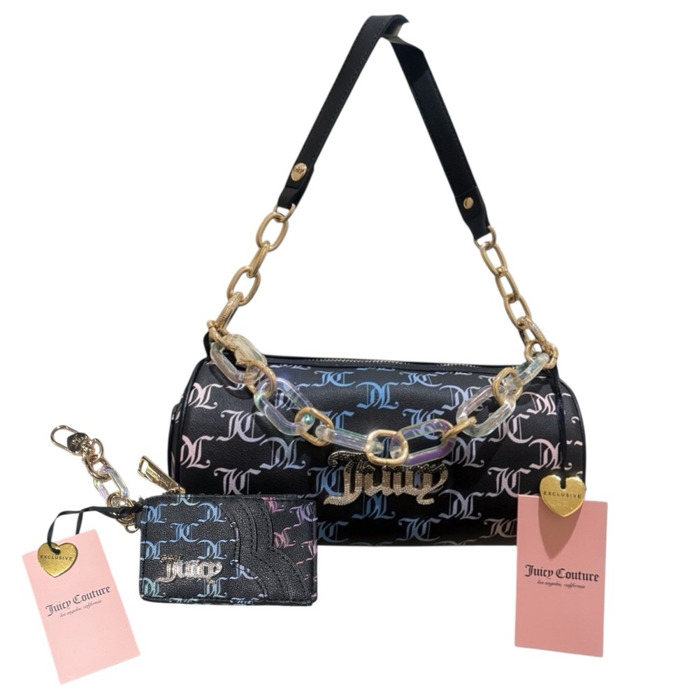 NWT Juicy Couture Exclusive Multicolor Monogram Black Barrel Bag & Card Holder
